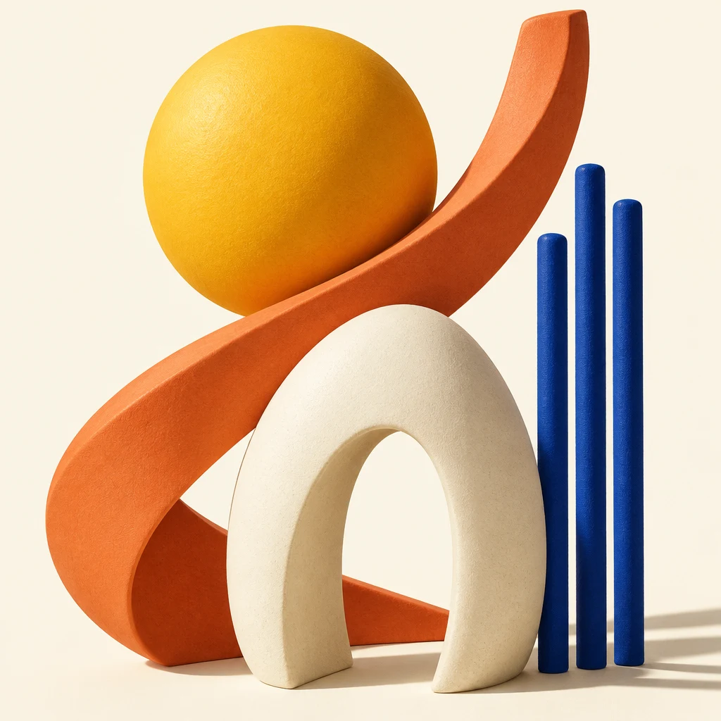 Abstract artwork combining a golden sun, an egg-shaped arch, blue upright forms, and an upward orange ribbon